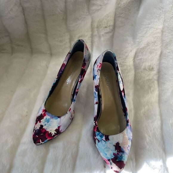 Ashley Stewart colorful  Satin slip on pointed toe gray heels size9W - Picture 2 of 11